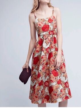 Rachel Antonoff Red Floral Midi Dress on Cream Base